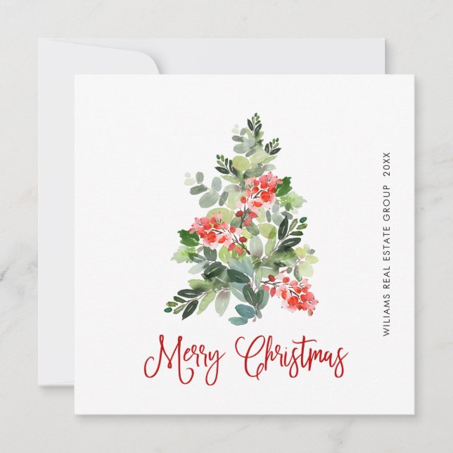 Watercolor Holly Berry Christmas Tree Greeting Holiday Card (Front)