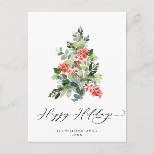 Watercolor Holly Berry Christmas Tree Greeting Postcard