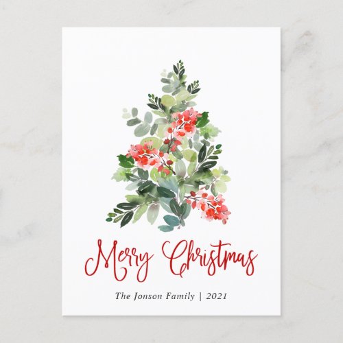 Watercolor Holly Berry Christmas Tree Greeting Postcard