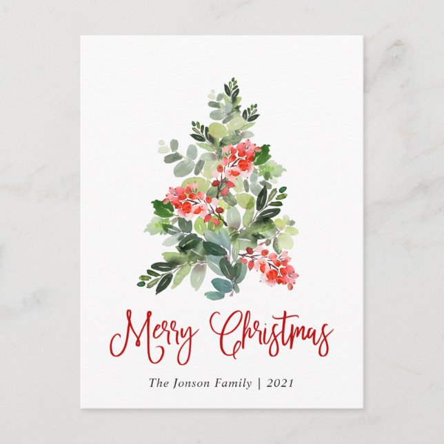Watercolor Holly Berry Christmas Tree Greeting Postcard (Front)