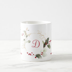 Watercolor Holly Berry Eucalyptus Glitter Initial Coffee Mug