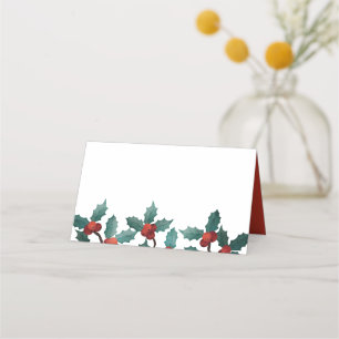 Watercolor Holly Berry Foliage Holiday Place Card