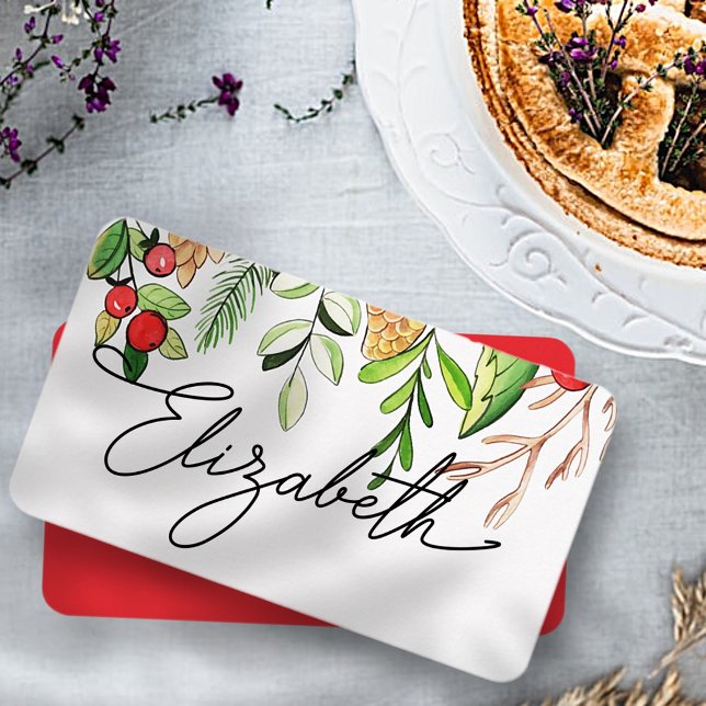 Watercolor Holly Berry Foliage | Holiday Place Card (Creator Uploaded)