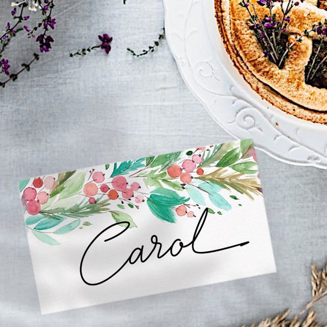 Watercolor Holly Berry Foliage | Holiday Place Card (Creator Uploaded)