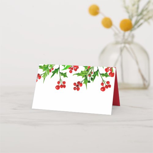 Watercolor Holly Berry Foliage  Holiday Place Card