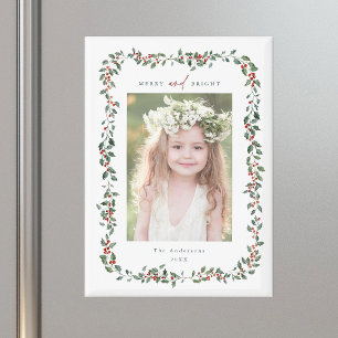 Watercolor Holly Berry Frame Merry & Bright Photo Magnet