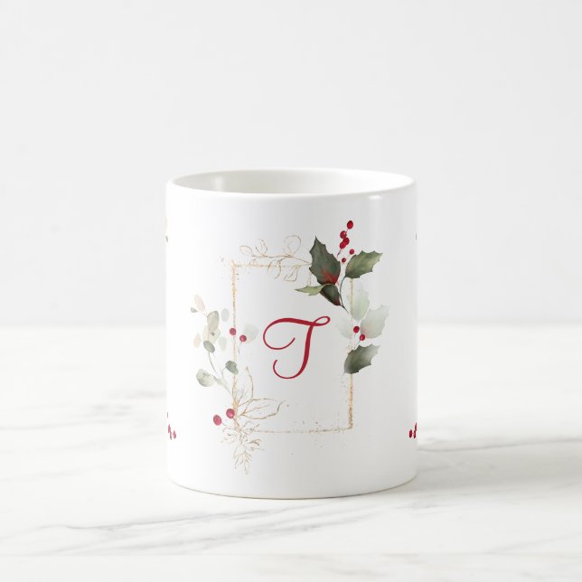 Watercolor Holly Berry Gold Glitter Frame Holiday Coffee Mug (Center)
