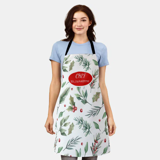 Watercolor Holly Berry Greenery Apron
