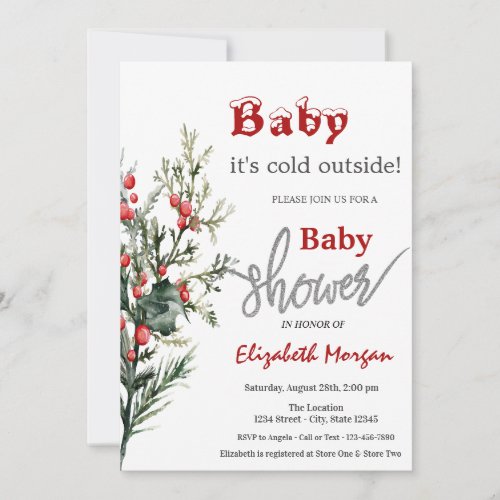 Watercolor Holly Berry Greenery Baby Shower  Invitation