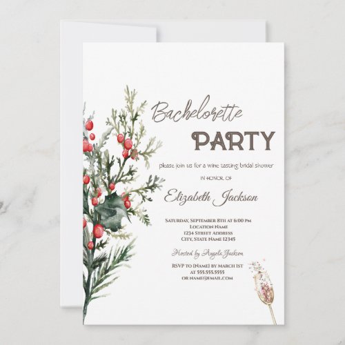 Watercolor Holly Berry Greenery Bachelorette   Invitation