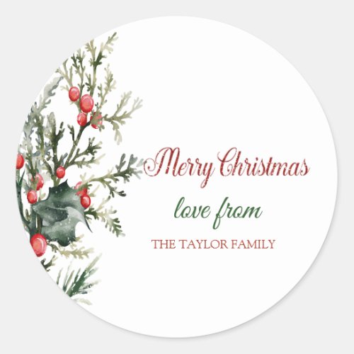 Watercolor Holly Berry Greenery Classic Round Sticker