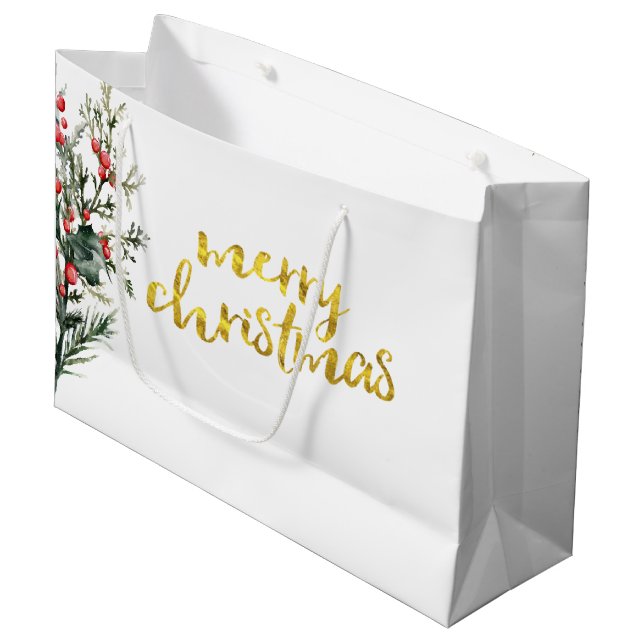 Watercolor Holly Berry Greenery Large Gift Bag (Front Angled)