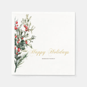 Watercolor Holly Berry Greenery Napkins