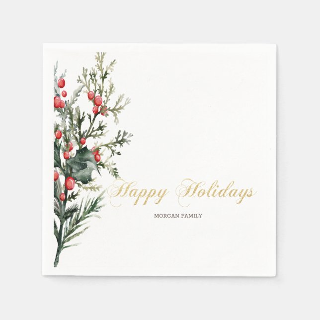 Watercolor Holly Berry Greenery Napkins (Front)