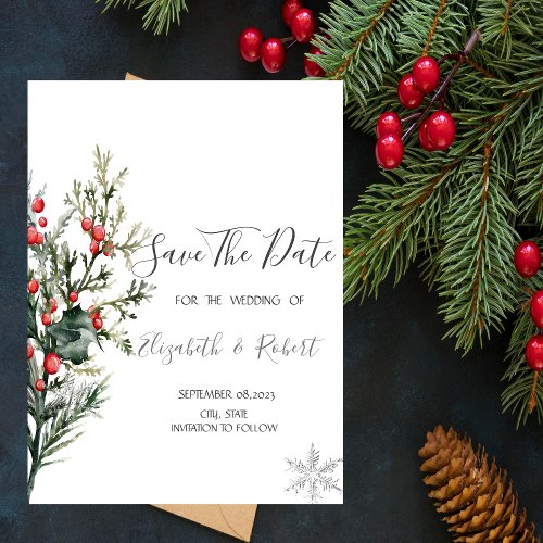 Watercolor Holly Berry Greenery Save The Date