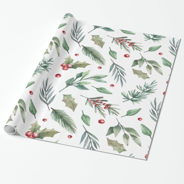 Watercolor Holly Berry Greenery Wrapping Paper (Unrolled)