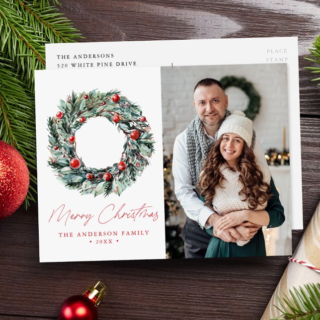 Watercolor Holly Berry & Greenery Wreath 2 Photo Holiday Postcard (Creator Uploaded)