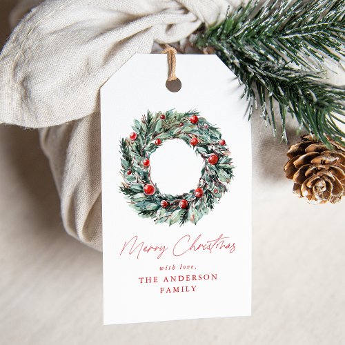 Watercolor Holly Berry  Greenery Wreath Gift Tags
