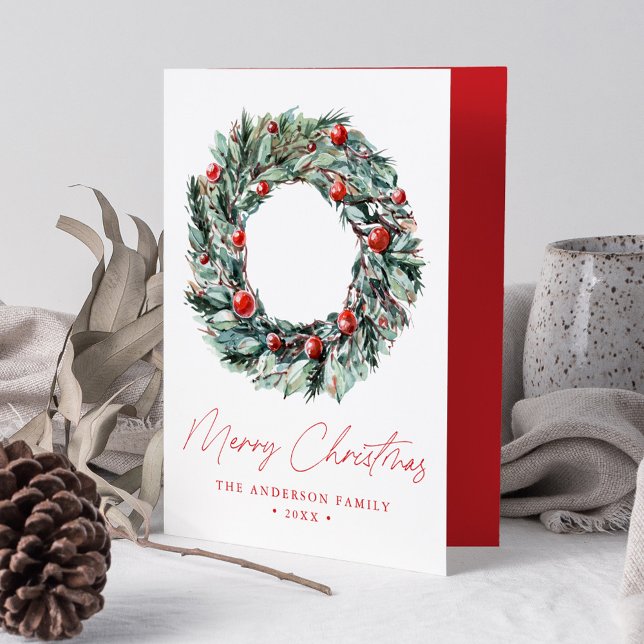 Watercolor Holly Berry & Greenery Wreath Non-Photo Holiday Card (Creator Uploaded)