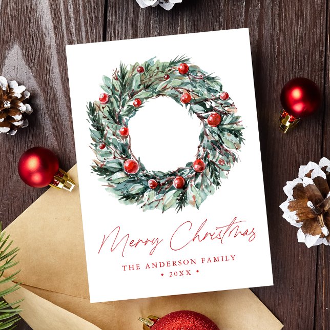 Watercolor Holly Berry & Greenery Wreath Non-Photo Holiday Card (Creator Uploaded)