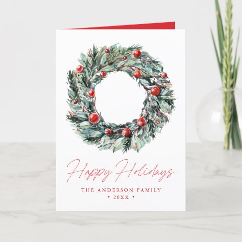 Watercolor Holly Berry  Greenery Wreath Non_Photo Holiday Card