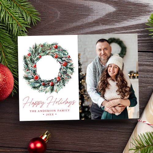 Watercolor Holly Berry  Greenery Wreath Photo Holiday Card