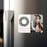 Watercolor Holly Berry & Greenery Wreath Photo Magnet<br><div class="desc">Send your loved ones holiday greetings with our beautiful and stylish photo holiday magnet. The elegant holiday photo magnet features a watercolor holiday wreath with red holly berries and greenery. The phrase "Happy Holidays" is displayed below in a red, handwritten modern script. Personalize the front of the simple Christmas magnet...</div>