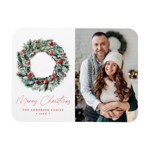 Watercolor Holly Berry  Greenery Wreath Photo Magnet
