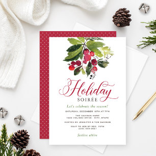 Watercolor Holly Berry Holiday Soiree Christmas Invitation