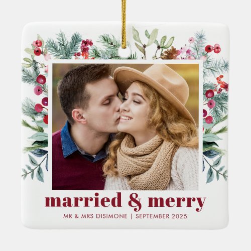 Watercolor Holly Berry Married And Merry Photo Ceramic Ornament