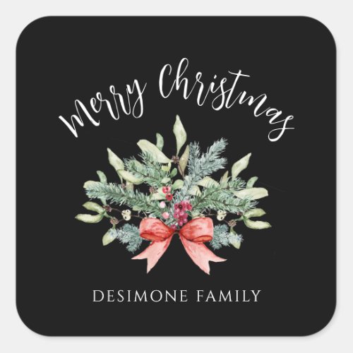 Watercolor Holly Berry Merry Christmas Black Square Sticker