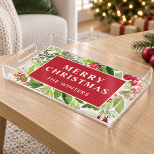 Watercolor Holly Berry Merry Christmas Name Acrylic Tray