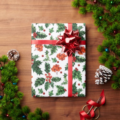 Watercolor Holly Berry Mistletoe Christmas Holiday Wrapping Paper