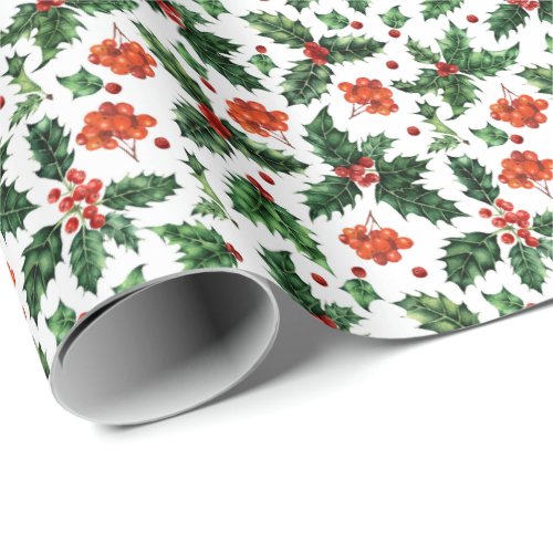 Watercolor Holly Berry Mistletoe Christmas Holiday Wrapping Paper