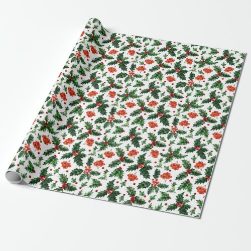 Watercolor Holly Berry Mistletoe Christmas Holiday Wrapping Paper