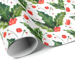 Watercolor Holly Berry Mistletoe Christmas Holiday Wrapping Paper