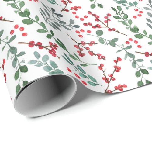 Watercolor Holly Berry Pine Christmas Holiday Wrapping Paper