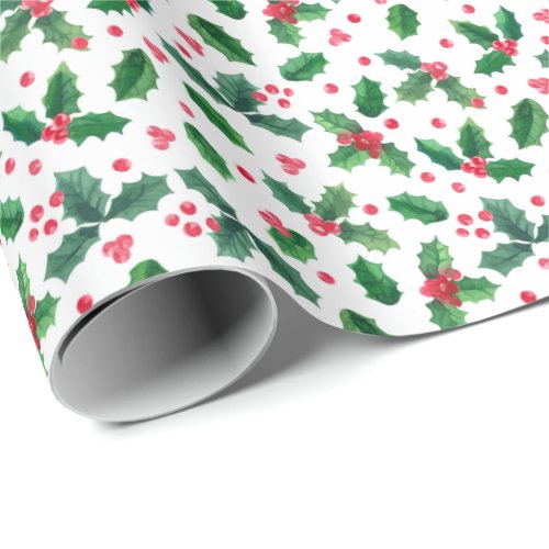 Watercolor Holly Berry Pine Christmas Holiday Wrapping Paper