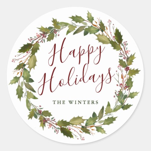 Watercolor Holly Berry Wreath Happy Holidays Classic Round Sticker