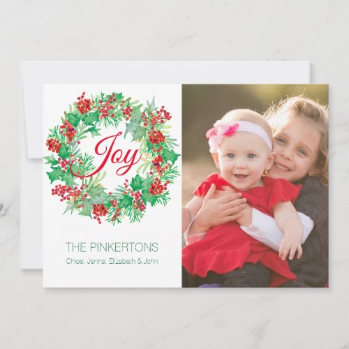 Watercolor Holly Berry Wreath Joy Family Photo Holiday Card