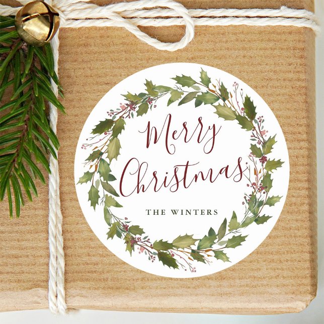 Watercolor Holly Berry Wreath Merry Christmas Classic Round Sticker (Creator Uploaded)