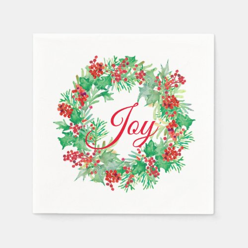 Watercolor Holly Berry Wreath Red Joy Holiday Napkins