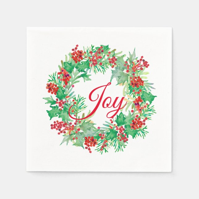 Watercolor Holly Berry Wreath Red Joy Holiday Napkins (Front)