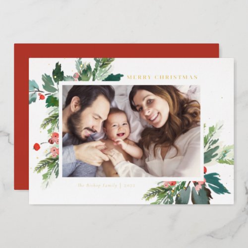 Watercolor Holly Botanical Christmas Photo Foil Holiday Card
