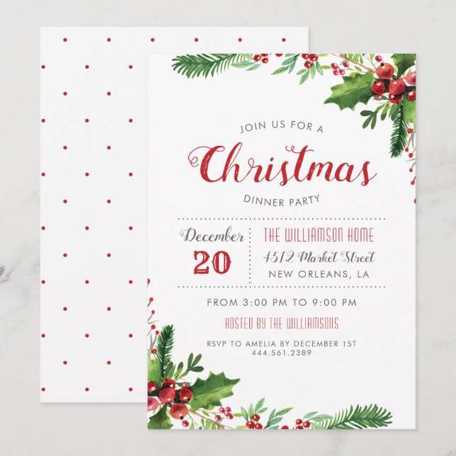 Watercolor Holly Branches Christmas Dinner Party Invitation (Front/Back)