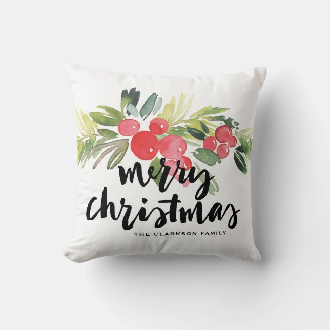 Watercolor Holly Brush Lettering Merry Christmas Throw Pillow (Front)