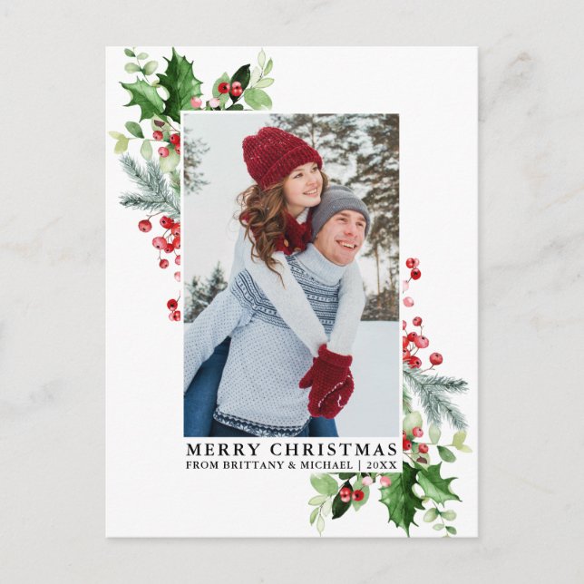 Watercolor Holly Christmas Greenery Couple Photo Postcard (Front)