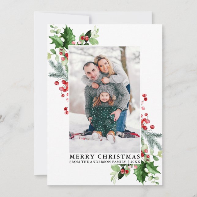 Watercolor Holly Christmas Greenery Family Photo Holiday Card (Front)