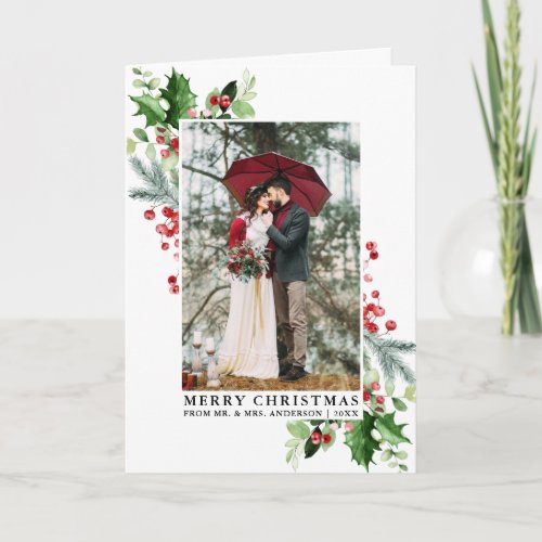 Watercolor Holly Christmas Greenery Wedding Fold Holiday Card