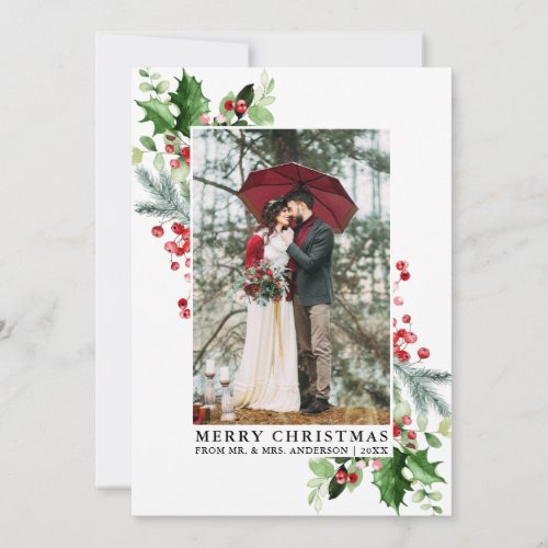 Watercolor Holly Christmas Greenery Wedding Photo Holiday Card